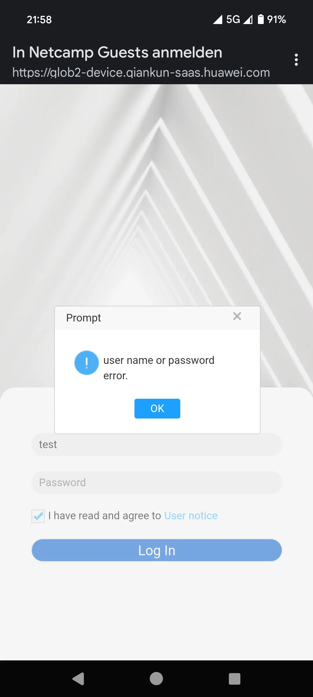 Huawei eKit captive portal login error