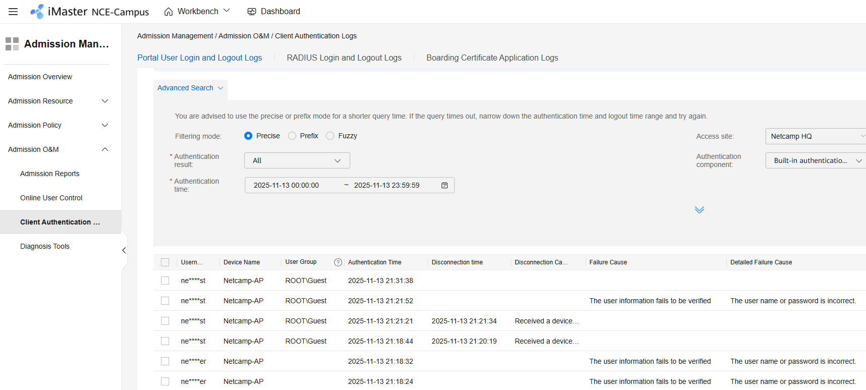Huawei iMaster NCE-Campus Client Authentication Logs