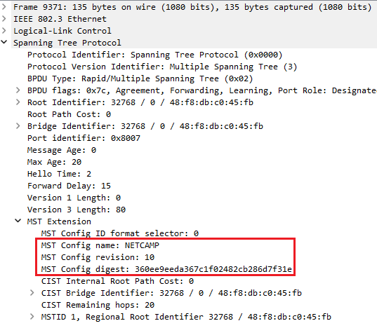 Wireshark capture of a MSTP BPDU frame