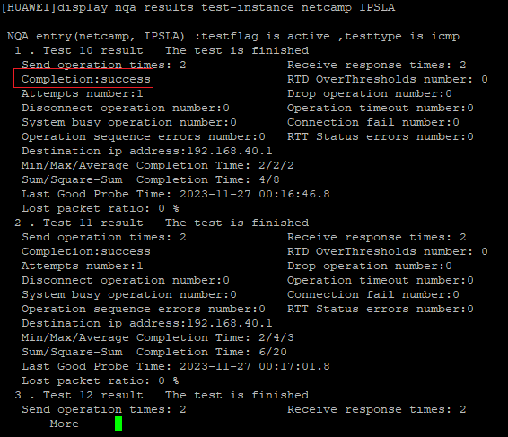 Huawei output of command display nqa results