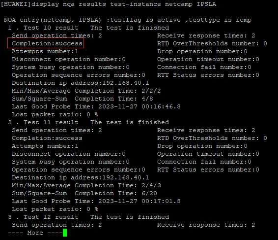 Huawei output of command display nqa results