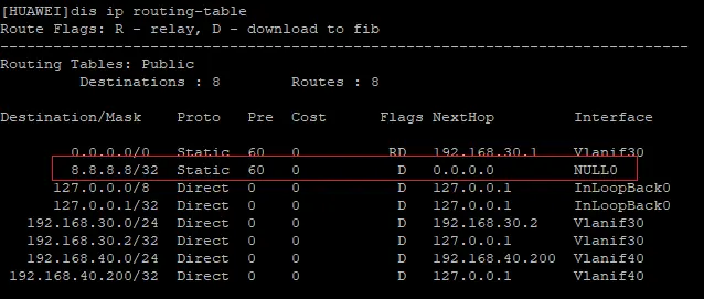 Huawei output of command display ip routing-table