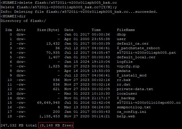 Huawei output of command delete