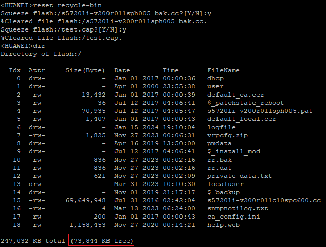 Huawei output of command reset recycle-bin