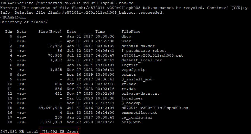 Huawei output of command delete /unreserved