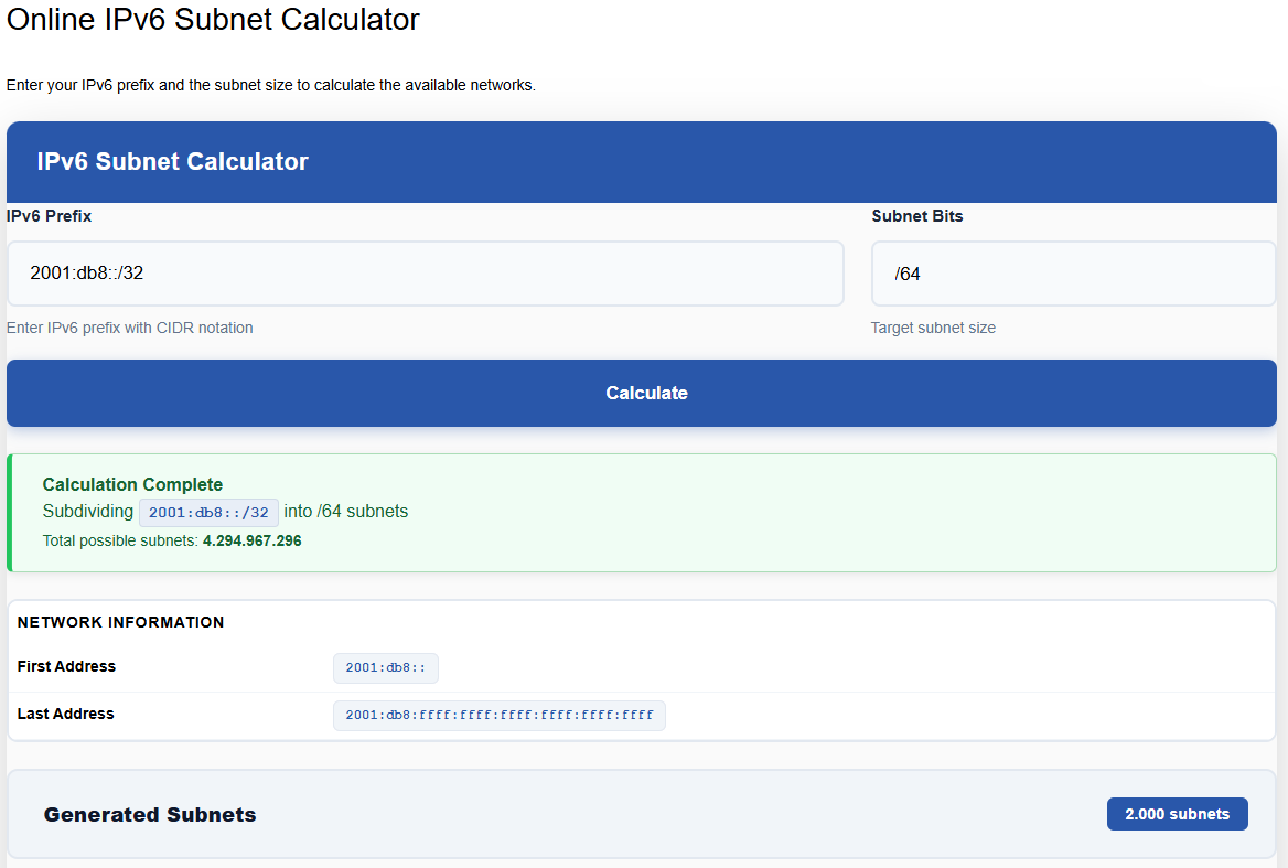 Netamp Online IPv6 Subnet Calculator